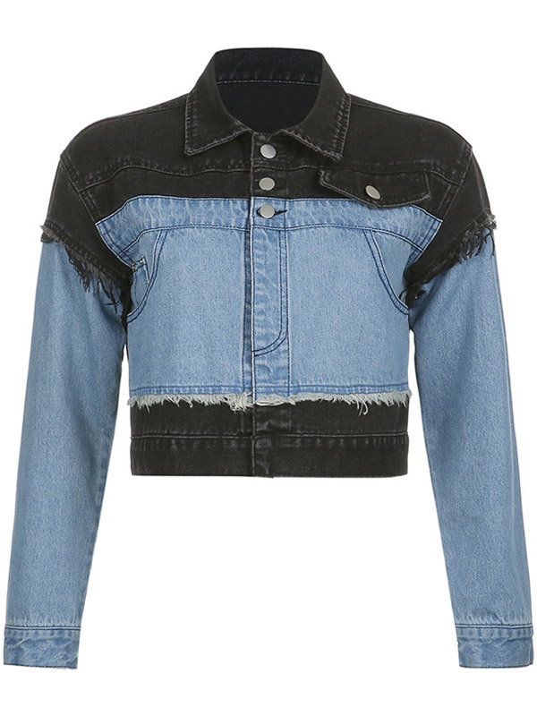 Women's Denim Stitching Contrast Pocket Lapel Short Coat Jacket ...