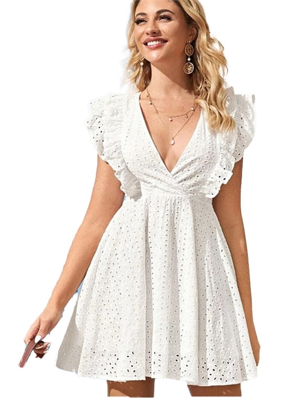 Spring and Summer women mid-length lace ruffles deep V-neck dress ...