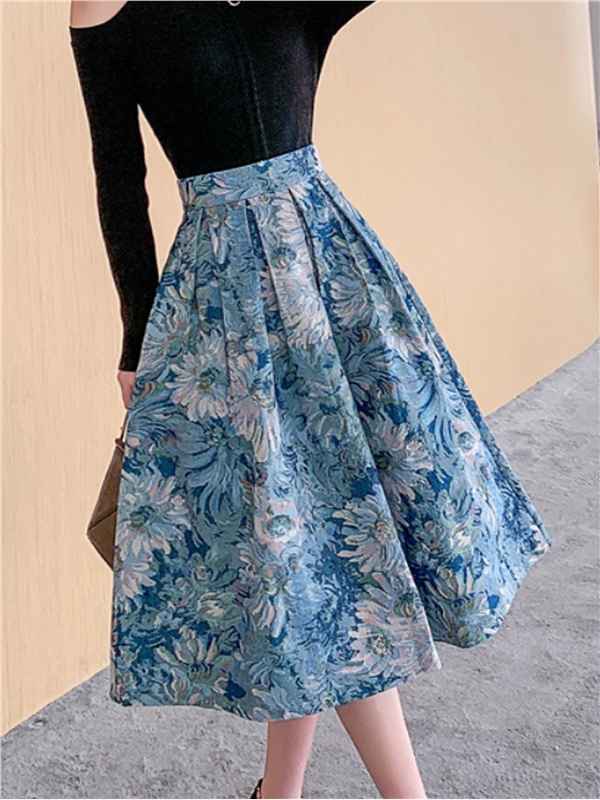 Ink painting style oil painting puff skirt blue embroidered stiff skirt ...