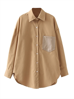 Patch leather pocket shirt women's spring and autumn new casual loose
