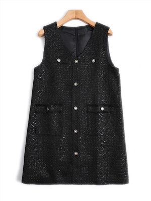 V-neck single breasted temperament small fragrant style woolen patchwork sequin medium long plus size vest