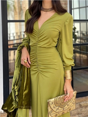 Women's independent station V-neck waist cinched temperament dress French long skirt for women