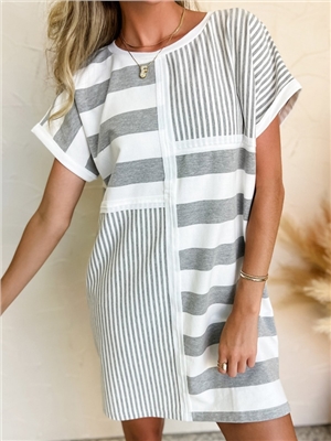 Casual loose belly covering straight tube short skirt striped color blocked T-shirt style dress for women