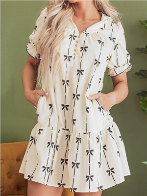 Lotus leaf edge sleeve short skirt for women, cute style, bow print pullover dress for women