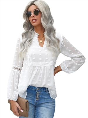 Spring and summer solid chiffon shirt lace V-neck top