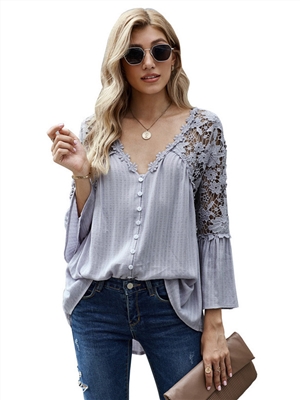 Loose lace shirt long sleeve solid dark V Chiffon