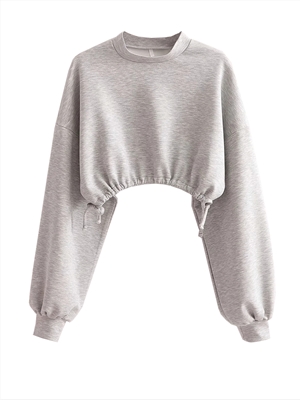 Light gray lantern sleeve hem drawstring short pullover sweatshirt