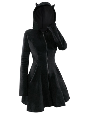 Gothic style hooded long sleeved gold velvet cat ear slim fit dress