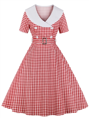 Women's Plaid Retro Vintage Short Sleeve Cocktail Party Swing Dress