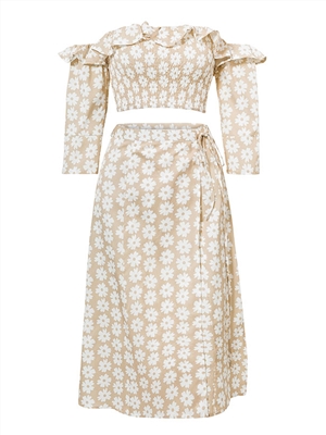 Spring/Summer New Fashion 2-pcs Set Slim Fit Ruffle Dress Set Floral Strapless A-line Mid-length Skirt