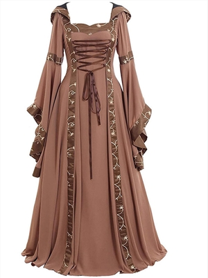 Middle Ages Retro Hooded Dress Square Neck Lace Flare Sleeve Large Swing Dress