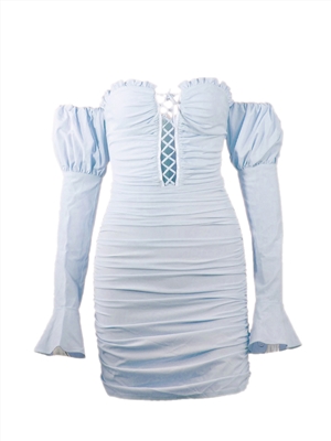 Lace Tube Top One Shoulder Long Sleeve Short Skirt Female Slim Pleated Puff Sleeve Sexy Dress