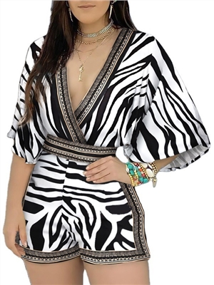 Partial print deep V jumpsuit shorts for women