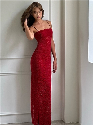 Fashionable French temperament, high-end feeling, red strapless camisole dress, lace slim fit, hip hugging long skirt