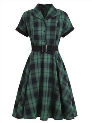 Women's Retro British Plaid Lapel Big Swing Dress
