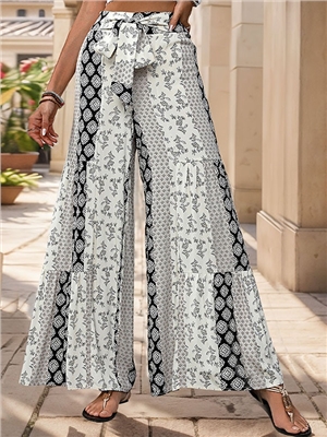 High waisted lace up wide leg pants with patchwork ethnic style casual wide leg pants