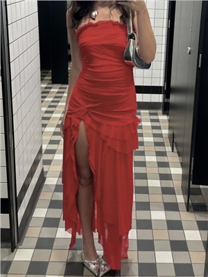 New sexy irregular strapless ruffle edge mesh solid color backless dress for women