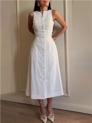 Summer sleeveless temperament long dress with high waist tie and single breasted solid color dress