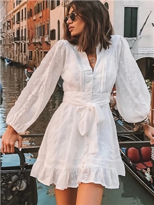 Women's dress V-neck long sleeved solid color sweet lace up ruffle edge short skirt