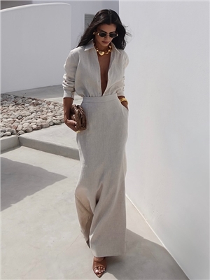 European and American women's clothing 2024 autumn new style elegant temperament lapel long sleeved shirt high waist slimming half skirt two-piece set