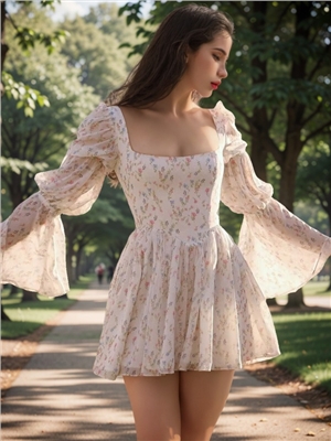 New French retro square neck bubble sleeve floral dress
