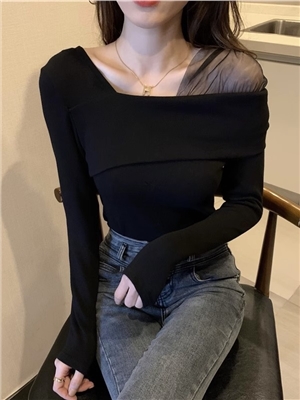 Splicing mesh long sleeved T-shirt, thickened solid color slim fit top