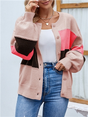 Color blocked single breasted knitted sweater with lantern sleeves, women's cardigan jacket