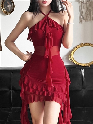 Summer new women's solid color slim fit high waist street fashion hanging neck backless dress