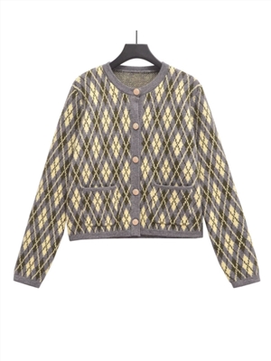 Street fashion diamond grid knitted cardigan jacket