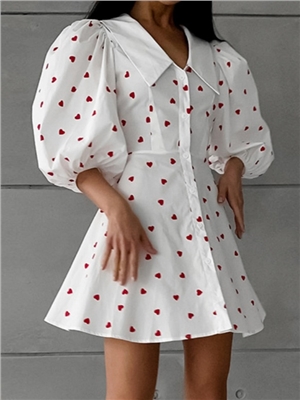 New Cotton and Hemp Bubble Sleeve High Waist Love Printed Dress