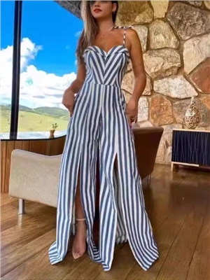 Women's lace up slit striped jumpsuit