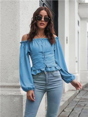 Front tie lantern sleeves one-shoulder neck waisted short top women's long-sleeved chiffon shirt new