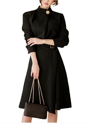 OL Temperament Round Neck Mid Waist Swing Hem Mid length Black Dress