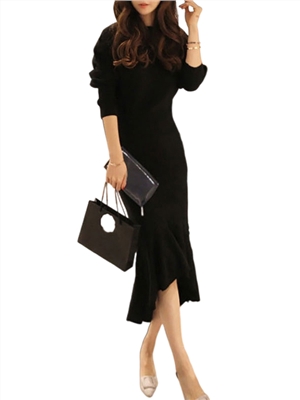 Temperament Knitted Slim Fitting Irregular Ruffle Hem Black Long Rib Dress