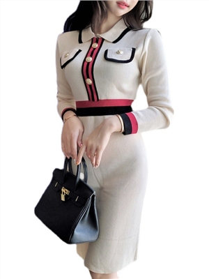 White Knitted Long Sleeve Small Lapel Slim Dress