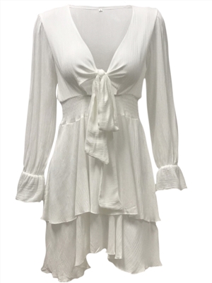 Spring and summer V-neck long-sleeved women's solid color lace-up dress