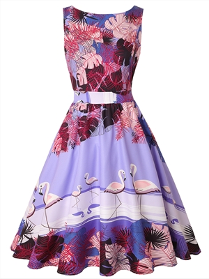 Women's New Printed Retro Waist Slim Big Swing Dress