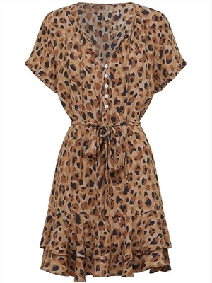 Women Spring and summer leopard print buttoned short-sleeved ruffled dress