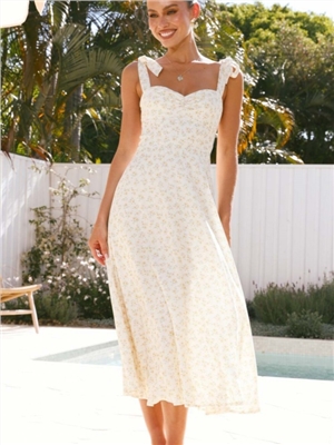 Women's dress with suspenders, light yellow floral, comfortable, fashionable and casual long skirt