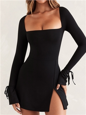 Women's autumn new style square collar long sleeved slim fit bag hip split French dress