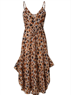 Women Spring and summer leopard print button ruffled halter strap dress