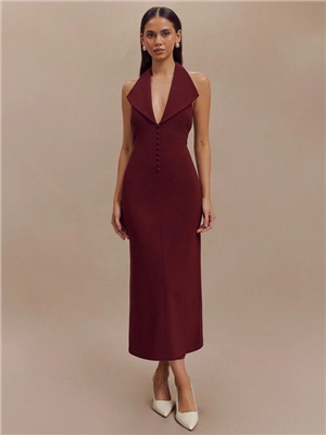Sexy, fashionable, slim fit, long skirt with hanging neck, V-neck, backless, slit dress
