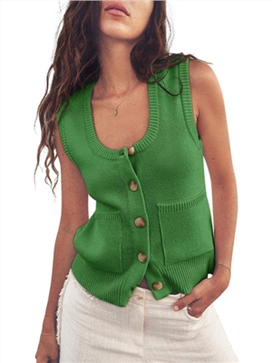 Summer ribbed sleeveless button up shirt with round neck vest top