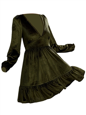 Women Sexy deep V-neck long sleeve velvet dress