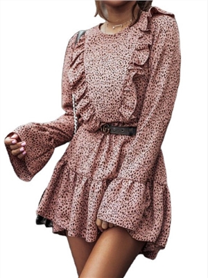 Women Vintage leopard print long sleeve ruffles shirt dress