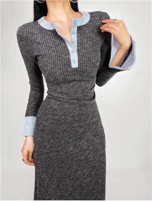 French contrasting color patchwork retro spicy girl half open neck slimming bag hip long sleeved dress