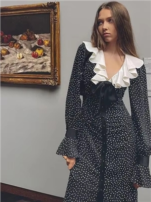 French ruffle collar sweet polka dot slimming slit temperament long sleeved dress for women