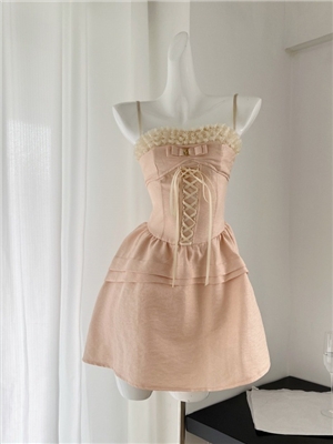 Exquisite and Sweet Bow Tie Lace Short Strap Dress