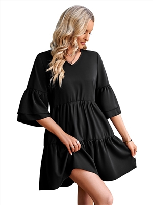 Spring and summer casual V-neck solid color loose dress