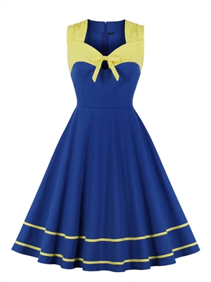 Plus Size Square Neck Blue Vintage Dress